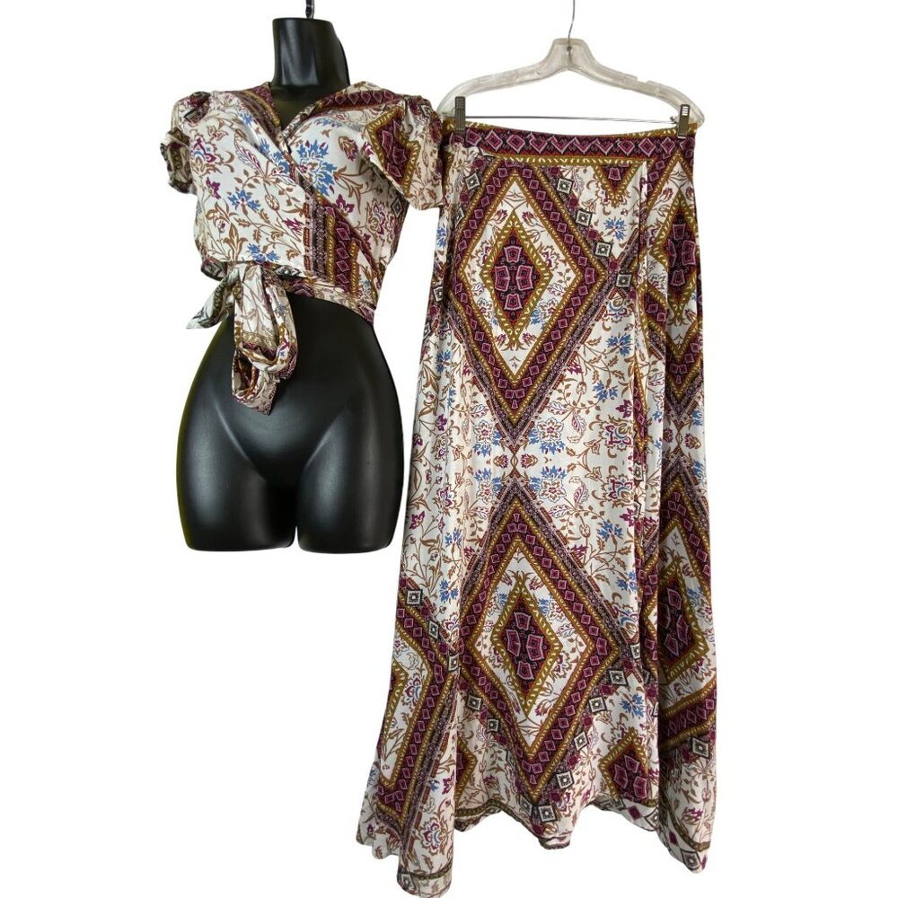 Bohemian Two-Piece Set Size Large Floral & Geometric Pattern Hippie‎ Western Y2K - Picture 2 of 9